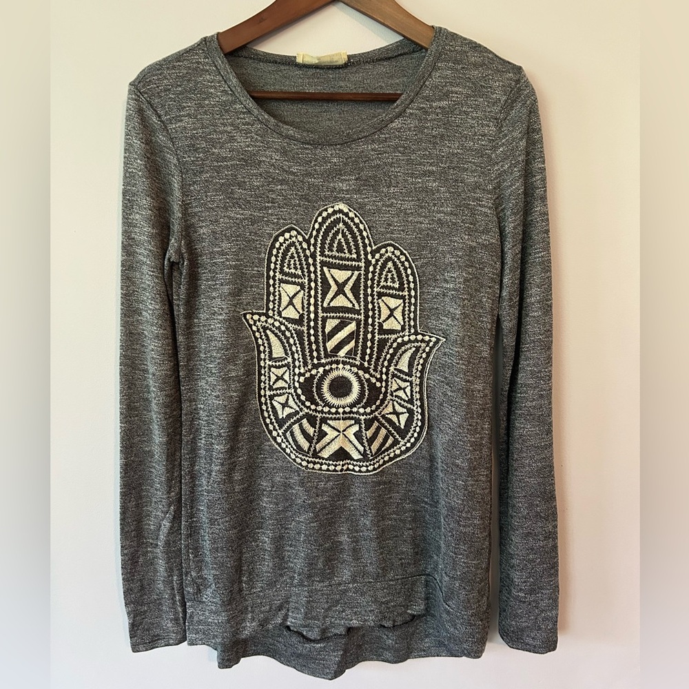 Bear Dance Embroidered Hamsa Long Sleeve Shirt, Grey, NWOT, Size M